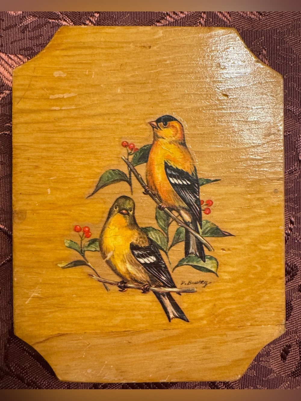 Vintage 70s Goldfinch Decoupage Wood Wall Plaque Cottagecore Goldfinch Bird Art
